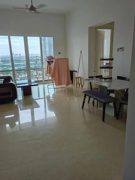 Living features: large floor-to-ceiling windows, city view, cream painted walls, polished marble flooring, ceiling fan, sofa in dark color, dining table with chairs, easel, decorative items on shelves; style: modern; view: city.