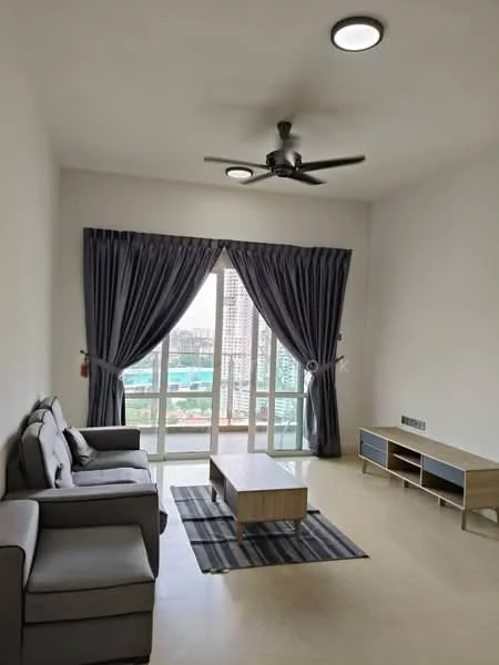 Living features: 3-seater fabric sofa in grey, coffee table, TV console, wall-mounted TV, area rug with striped pattern, floor-to-ceiling windows, sheer curtains, blackout curtains, ceiling fan with light, light-colored walls, polished tile flooring; style: modern; view: city.