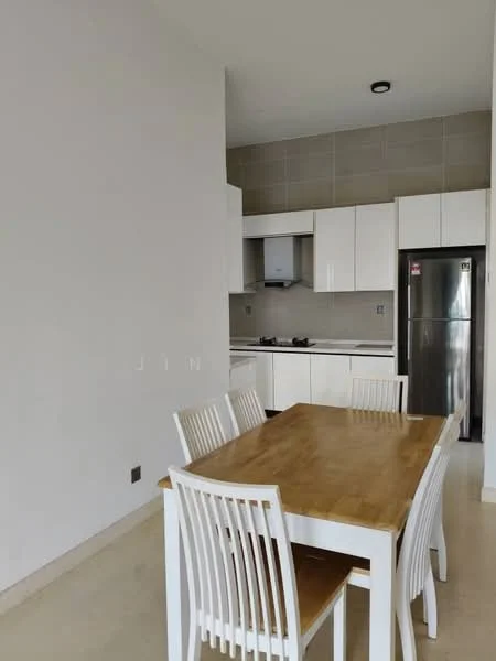Dining features: wood dining table, 4 white dining chairs, cream painted walls, tile flooring, recessed downlights, open-plan layout, kitchen area visible in background, stainless-steel fridge, built-in kitchen cabinetry, gas hob, kitchen hood; style: modern.