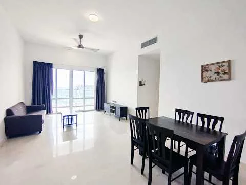 Living features: white painted walls, marble tile flooring, 5-blade ceiling fan with light, floor-to-ceiling windows, blackout curtains, sofa in dark color, TV console, dining table with 4 chairs; style: modern; view: city.