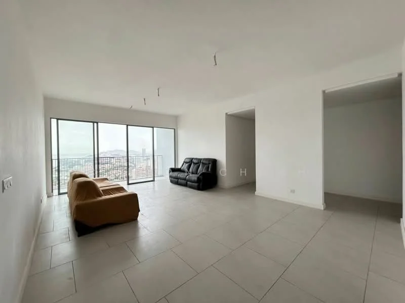 Living features: large floor-to-ceiling windows, grey tiled flooring, white painted walls, two-seater brown fabric sofa, three-seater black leather sofa, open layout, city view, minimalist decor, no visible ceiling fixtures; style: modern; view: city. Room features: white painted walls, grey tiled flooring, open layout.
