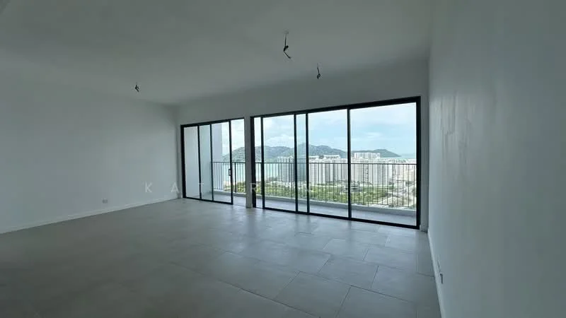 Living features: white painted walls, large floor-to-ceiling windows, sliding glass door, grey tile flooring, mountain view, city skyline view, recessed downlights, open layout; style: modern; view: city.