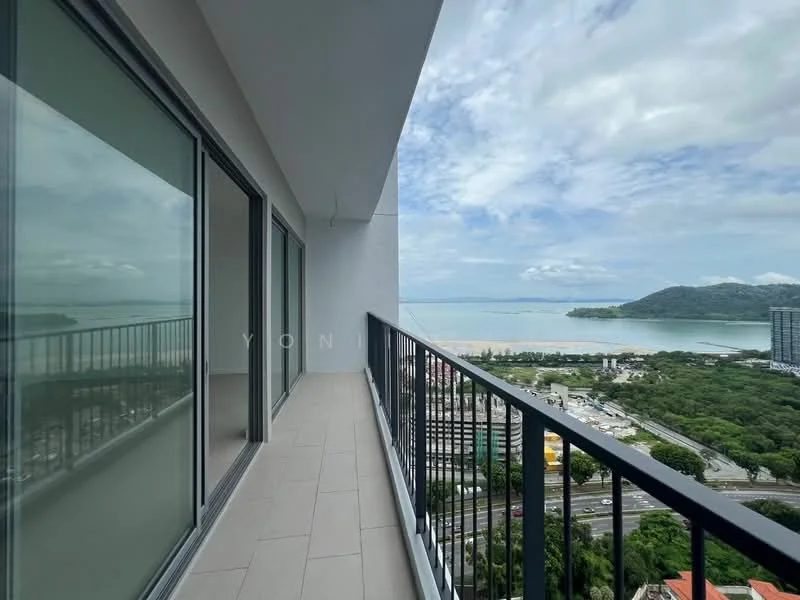Room features: floor-to-ceiling windows, sliding glass door, grey tiled flooring, balcony with railing, view of the sea, view of the city, outdoor space, open layout; style: modern; view: sea.
