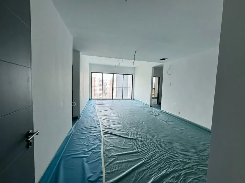 Room features: white painted walls, concrete flooring, floor-to-ceiling windows, sliding glass door, unfinished ceiling with exposed wiring, blue protective covering on floor; view: city.