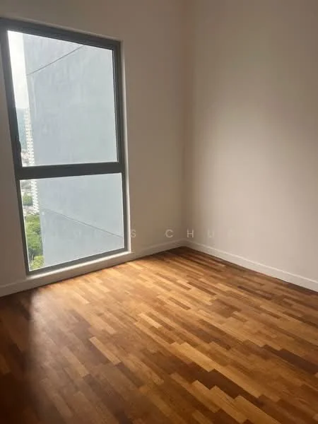 Room features: large window, wooden flooring, neutral wall color, natural light, view of greenery; style: modern; view: garden.