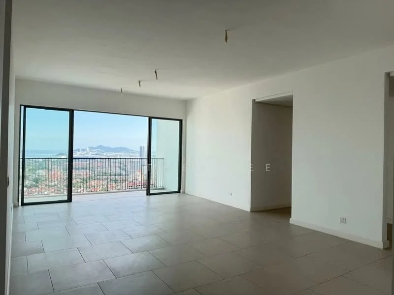 Living features: large floor-to-ceiling windows, white painted walls, light-colored tile flooring, open layout, city skyline view, balcony access, recessed ceiling lights, no visible furniture; style: modern; view: city.