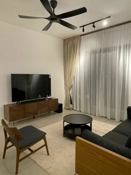 Living features: 5-blade ceiling fan, wall-mounted TV, TV console in wood, black coffee table, 3-seater fabric sofa in black, area rug, floor-to-ceiling sheer curtains, wooden chair, light-colored tiled flooring, recessed lighting; style: modern.