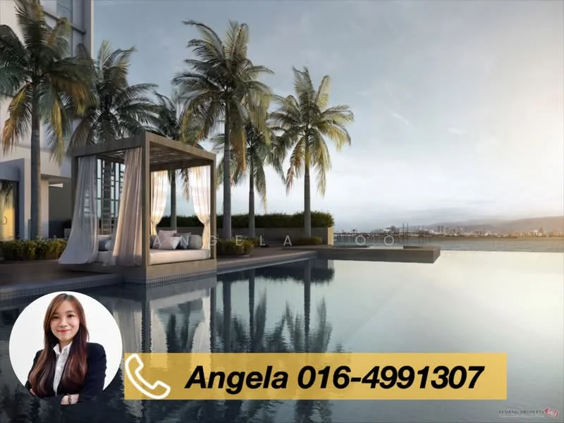 Exterior type: high-rise condominium; features: infinity pool, pool deck with loungers, palm trees, waterfront view, modern cabana with curtains, glass railing, landscaped garden area; style: modern.