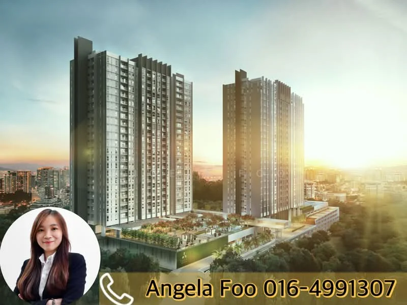 Exterior type: high-rise condominium; features: glass curtain wall, projecting balconies, landscape garden, swimming pool deck, manicured lawn, surrounded by mature greenery, urban skyline in background; style: modern.
