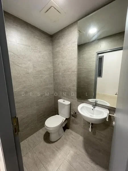 Bathroom features: grey tiled walls, light grey tiled flooring, one-piece toilet, wall-mounted sink, framed mirror, recessed ceiling light, ventilation window; style: modern.