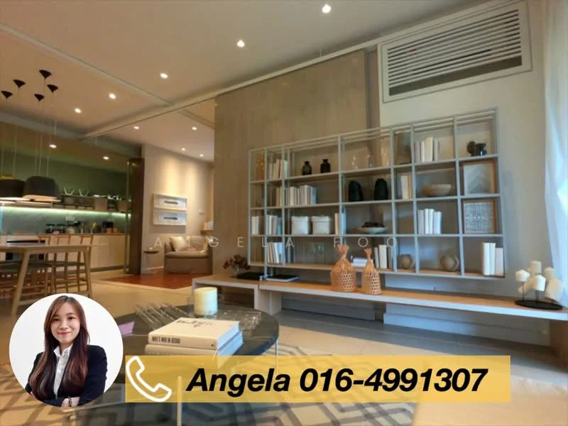 Living features: light wood flooring, white painted walls, recessed downlights, built-in shelving unit with decorative items, sofa with cushions, coffee table, area rug, floor-to-ceiling windows with sheer curtains, air conditioning unit, decorative vases, wall-mounted artwork; style: modern. Kitchen features: open-plan layout, kitchen island with seating, stainless-steel appliances, white cabinetry, marble countertop, backlit shelving, pendant lighting; style: modern.