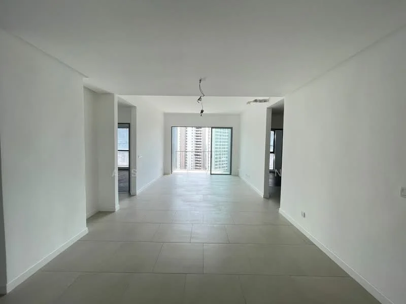 Room features: white painted walls, large floor-to-ceiling windows, sliding glass door, neutral tile flooring, recessed downlights, open layout, city view, smooth ceiling; style: modern; view: city.