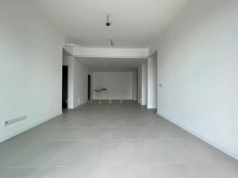 Room features: white painted walls, grey tile flooring, recessed downlights, open layout, large open space, no visible furniture, floor-to-ceiling windows, minimalist design; style: modern.