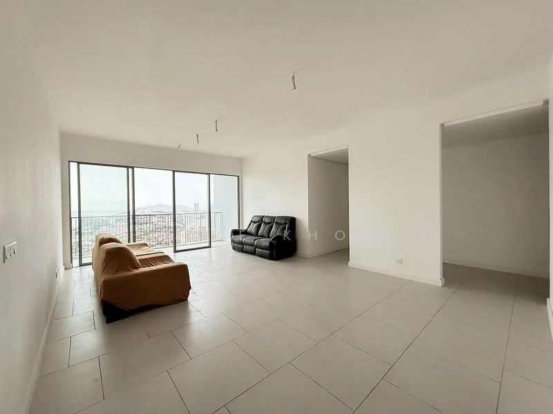 Living features: white painted walls, large floor-to-ceiling windows, grey tiled flooring, 2-seater black leather sofa, beige fabric armchair, recessed ceiling lights, open layout, city view; style: modern; view: city. Room features: white painted walls, grey tiled flooring, open layout.