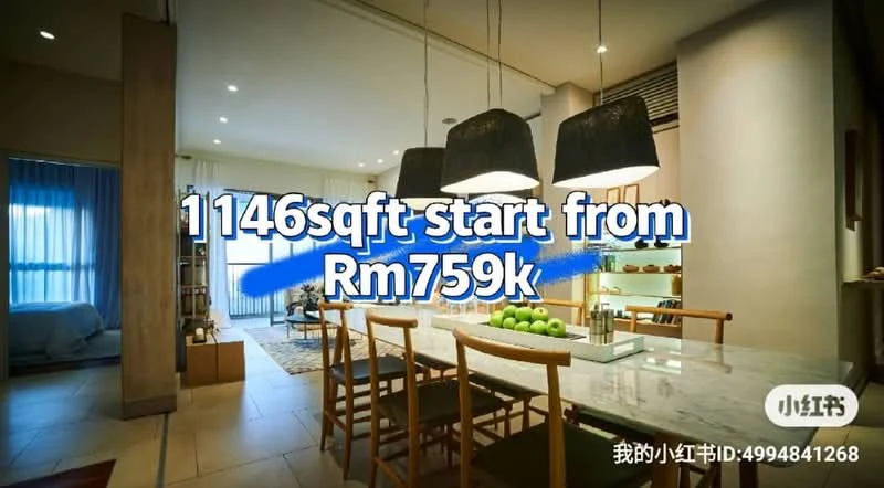 Dining features: large dining table, 8 upholstered dining chairs, pendant lighting with black shades, marble countertop, open-plan layout, floor-to-ceiling windows, wooden flooring, decorative fruit bowl, neutral wall color, view of living area; style: modern; view: city. Living features: sofa, coffee table, TV console, area rug, floor-to-ceiling windows, neutral wall color, wooden flooring; style: modern; view: city.