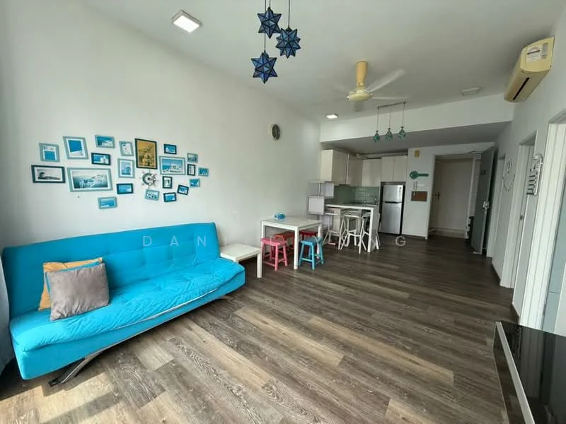 Living features: blue fabric sofa, wooden flooring, white painted walls, ceiling fan, recessed downlights, decorative wall with framed photos, small white dining table, four white chairs, TV console, wall-mounted TV, area rug; style: modern.
