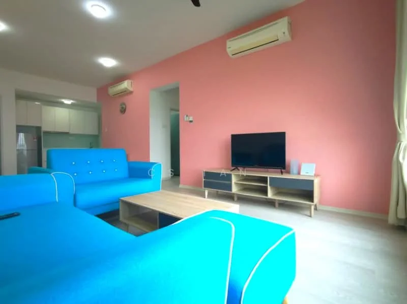Living features: blue fabric sofa with tufted design, wooden coffee table, wall-mounted TV, TV console with storage, light-colored flooring, pink painted accent wall, white curtains, 2 wall-mounted split AC units, recessed ceiling lights; style: modern.