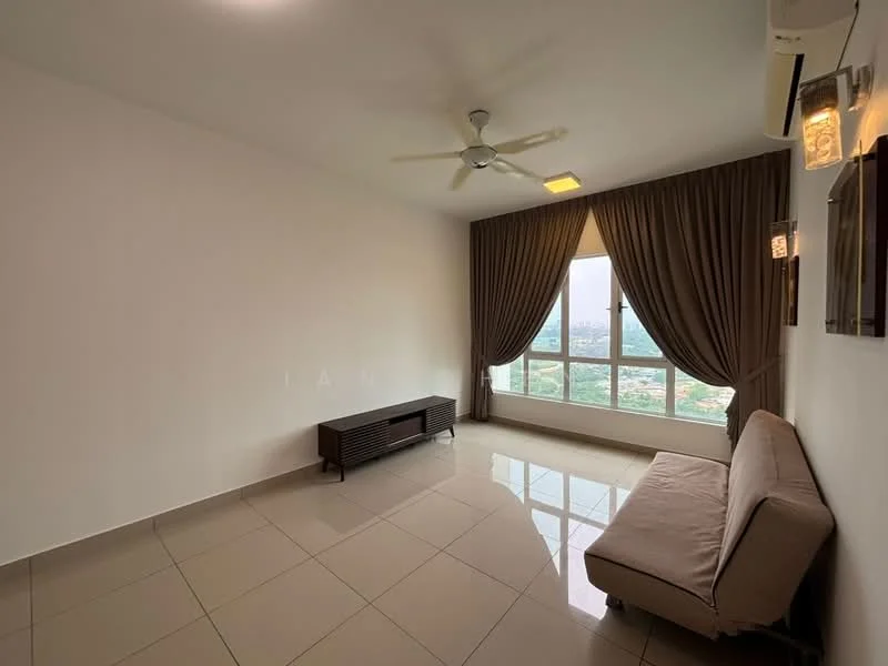 Living features: cream painted walls, glossy tile flooring, 5-blade ceiling fan with light, floor-to-ceiling windows, sheer curtains, brown fabric sofa, TV console, city view; style: modern; view: city.