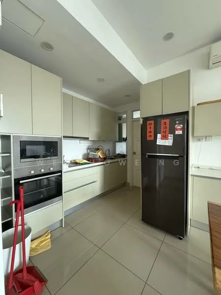Kitchen features: light grey cabinetry, stainless-steel built-in oven, stainless-steel microwave, black fridge, white countertop, ceramic tile flooring, recessed downlights, single-bowl stainless-steel sink, chrome pull-down faucet, open shelving, kitchen island, wall-mounted cabinets; style: modern.