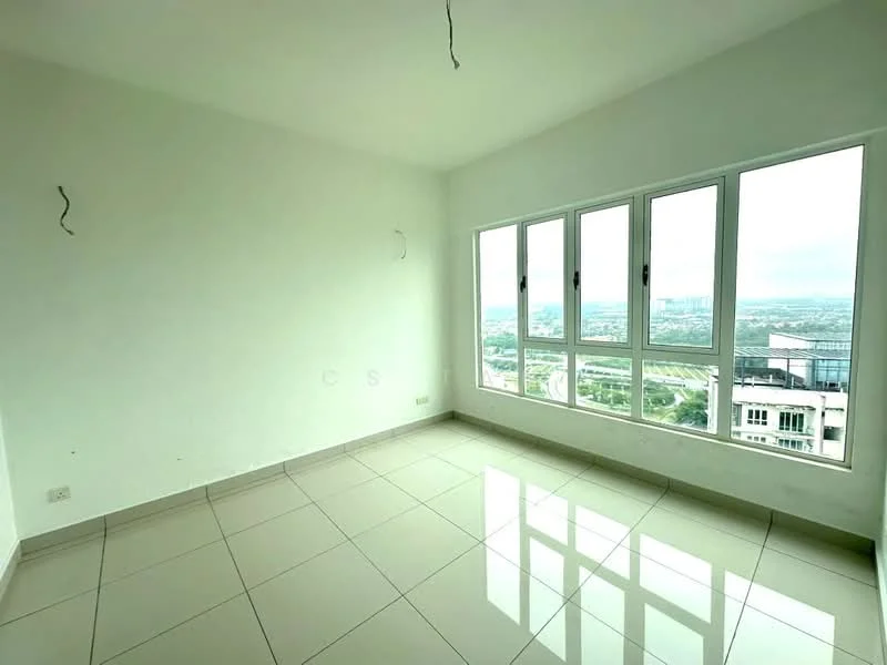 Room features: white painted walls, glossy ceramic tile flooring, floor-to-ceiling windows, city view, no visible furniture, two electrical outlets, two ceiling hooks, natural light from windows; view: city.