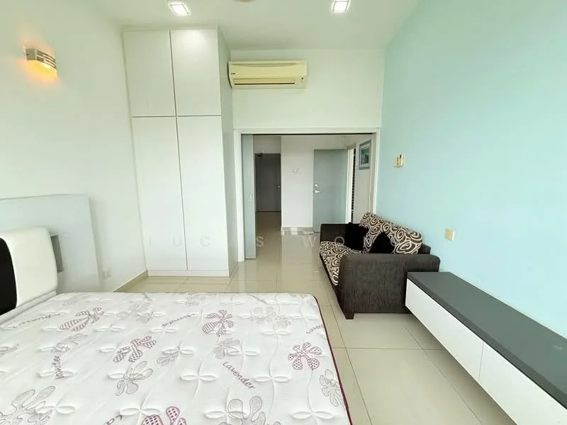 Bedroom features: queen-size bed, white bedding with floral pattern, built-in wardrobe with sliding doors, wall-mounted air conditioning unit, floor-to-ceiling windows, light-colored walls, tile flooring, sofa in dark fabric, TV console, recessed ceiling lights; style: modern.