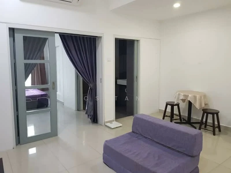 Living features: grey fabric sofa, two wooden stools, small round table with tablecloth, white painted walls, glossy tile flooring, recessed downlights, curtains, doorway leading to other rooms; style: modern. Room features: doorway, curtains, unknown flooring, unknown walls.