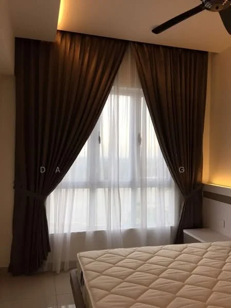 Bedroom features: floor-to-ceiling windows, sheer curtains, dark brown curtains, light-colored walls, recessed lighting, ceiling fan, tile flooring, bedside table; style: modern.