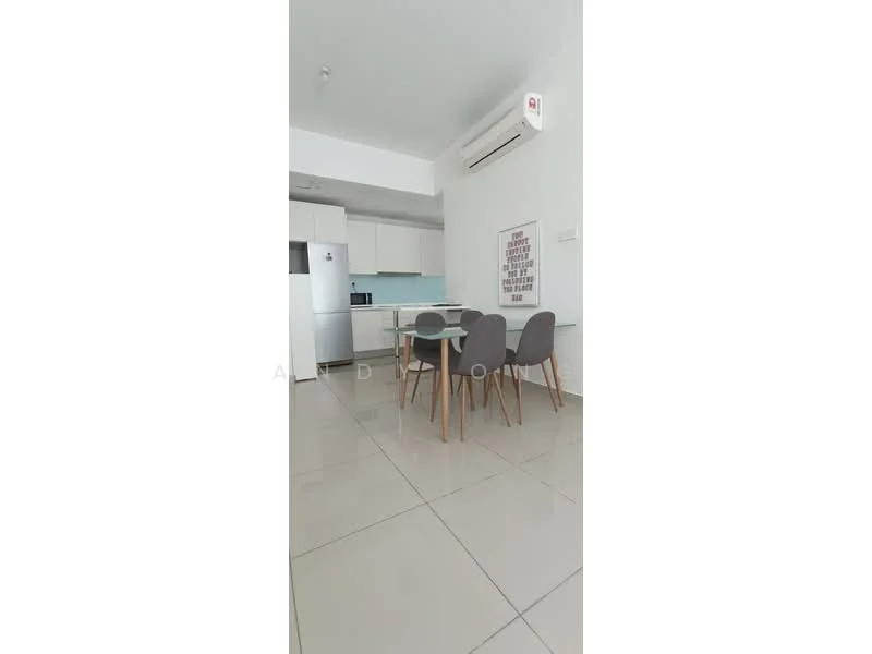 Dining features: white painted walls, cream tiled flooring, 4-seater dining table, grey upholstered dining chairs, refrigerator, built-in kitchen cabinets, microwave, wall-mounted split AC, pendant light, decorative wall art; style: modern.