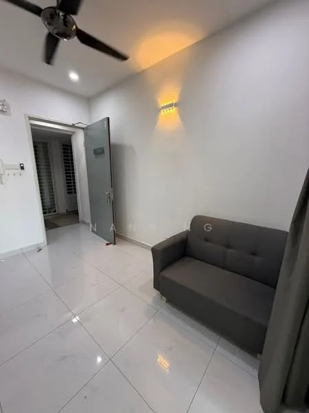 Room features: white painted walls, glossy white tile flooring, 5-blade ceiling fan, sofa in grey fabric, wall-mounted light fixture, curtains in dark color, door leading to another room, window with blinds; style: modern.