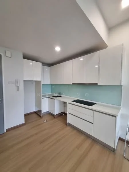 Kitchen features: white glossy cabinetry, glass backsplash in light green, built-in stove, countertop with integrated sink, stainless-steel sink, single-bowl sink, drawer storage, open shelving, laminate flooring in light wood, recessed downlights, wall-mounted electrical outlets; style: modern.
