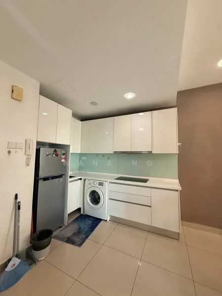 Kitchen features: white flat-panel cabinets, stainless-steel fridge, built-in oven, ceramic cooktop, single-bowl stainless-steel sink, chrome pull-down faucet, light green glass backsplash, white countertop, front-load washing machine, recessed downlights, tile flooring, blue area rug; style: modern.