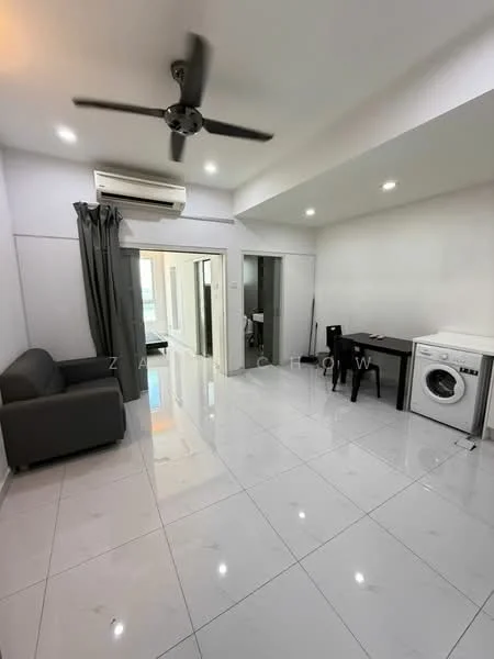 Living features: grey fabric sofa, black dining table with chairs, white washing machine, wall-mounted split AC, 5-blade ceiling fan with light, recessed LED downlights, glossy white tile flooring, floor-to-ceiling windows, curtains, open layout; style: modern. Room features: white walls, doorway leading to bathroom, doorway leading to other rooms.