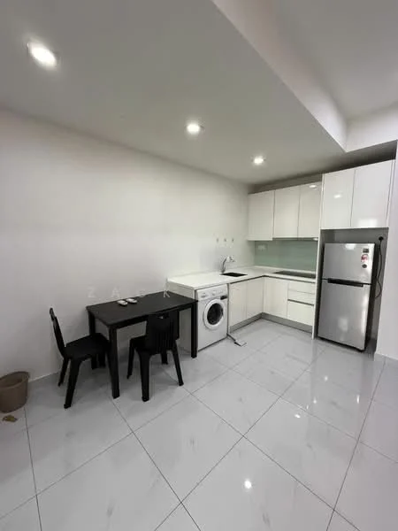 Kitchen features: white cabinets, grey countertop, stainless-steel fridge, built-in oven, ceramic cooktop, single-bowl stainless-steel sink, chrome pull-down faucet, washing machine, black dining table, two black chairs, white tiled flooring, recessed LED downlights, white painted walls; style: modern.