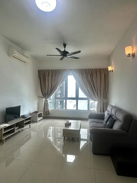Living features: 3-seater fabric sofa in grey, coffee table, TV console, wall-mounted TV, floor-to-ceiling windows, sheer curtains, 5-blade ceiling fan with light, recessed downlights, cream painted walls, glossy tile flooring, decorative wall sconces; style: modern; view: city.