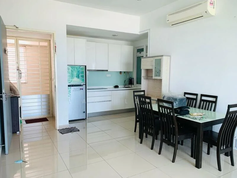 Kitchen features: white cabinetry, stainless-steel fridge, built-in oven, 4-burner gas hob, single-bowl stainless-steel sink, chrome pull-down faucet, white quartz countertop, tile backsplash, recessed downlights, wall-mounted split AC, cream tiled flooring; style: modern. Dining features: 6-seater dining table, black dining chairs, glass tabletop, cream tiled flooring; style: modern.