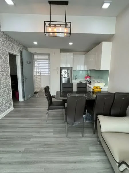 Dining features: 6-seater dining table, black dining chairs, pendant light fixture, grey laminate flooring, wall with geometric pattern, white cabinetry, stainless-steel fridge, glass backsplash, open kitchen layout, recessed lighting; style: modern. Living features: L-shape sectional sofa in beige, coffee table, wall-mounted TV, decorative wall with geometric pattern, grey laminate flooring; style: modern.