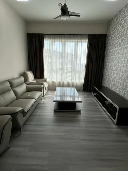 Living features: 3-seater leather sofa in light grey, 2-seater fabric sofa in light grey, coffee table with glass top, TV console in black, floor-to-ceiling windows, sheer curtains, dark brown blackout curtains, light grey laminate flooring, ceiling fan with 3 blades, decorative feature wall with geometric pattern; style: modern; view: city.
