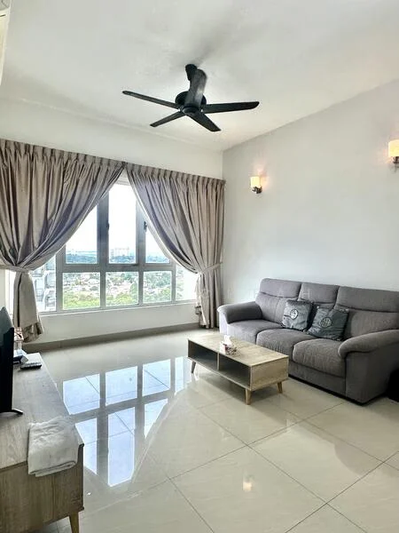 Living features: 3-seater fabric sofa in grey, coffee table, floor-to-ceiling windows, sheer curtains, recessed downlights, 5-blade ceiling fan, white painted walls, glossy ceramic tile flooring, decorative wall sconces, city view; style: modern; view: city.