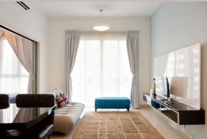 Living features: 3-seater fabric sofa in light grey, blue upholstered ottoman, white wall-mounted TV console, wall-mounted flat-screen TV, cream area rug, floor-to-ceiling windows, sheer curtains, chandelier with light, dining table with black finish, decorative wall with light blue paint; style: modern.