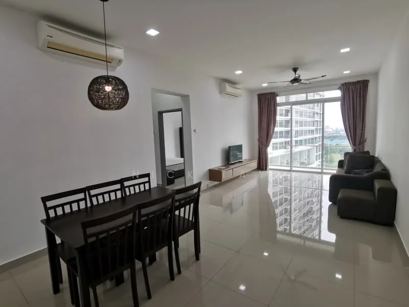 Living features: white painted walls, glossy ceramic tile flooring, 5-blade ceiling fan with light, recessed LED downlights, floor-to-ceiling windows, curtains, TV console, wall-mounted TV, sofa in dark grey, coffee table, dining table with 6 chairs; style: modern; view: city. Room features: open layout, air conditioning unit.