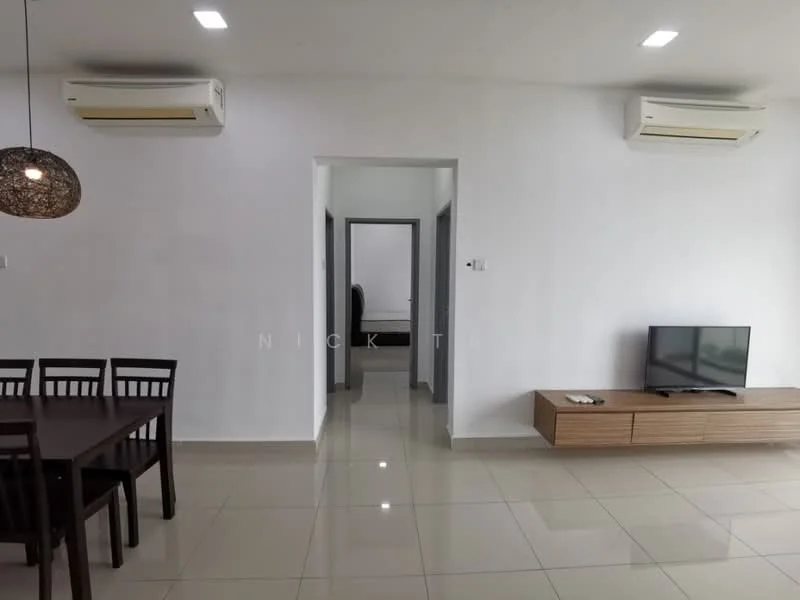 Living features: white painted walls, glossy tile flooring, 2 wall-mounted split AC units, wall-mounted TV, wooden TV console, dining table with 4 chairs, recessed LED downlights; style: modern.