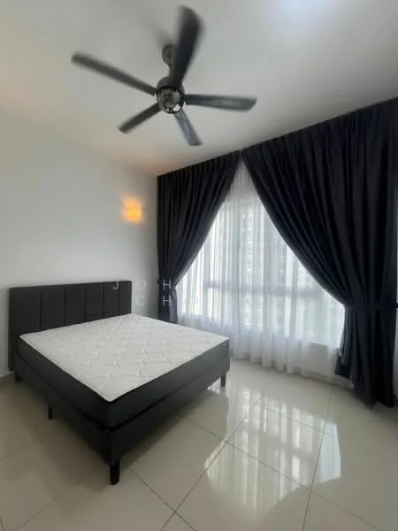 Bedroom features: queen-size bed frame, white mattress, black upholstered headboard, 5-blade ceiling fan with light, floor-to-ceiling windows, sheer curtains, blackout curtains, white painted walls, glossy tile flooring; style: modern.