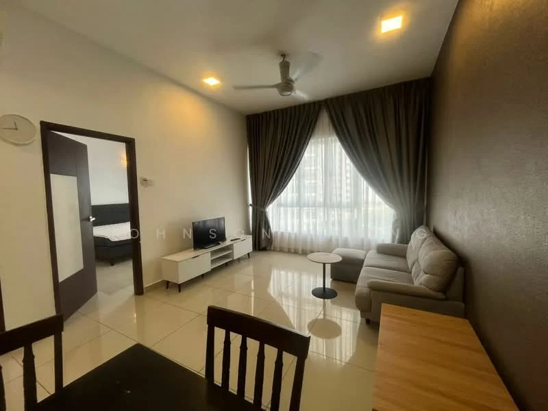 Living features: grey fabric sofa, small round coffee table, wall-mounted TV, white TV console, floor-to-ceiling windows, sheer curtains, dark accent wall, white tiled flooring, ceiling fan with light, decorative wall clock; style: modern; view: city. Room features: dining table with chairs, wooden dining table, open layout.