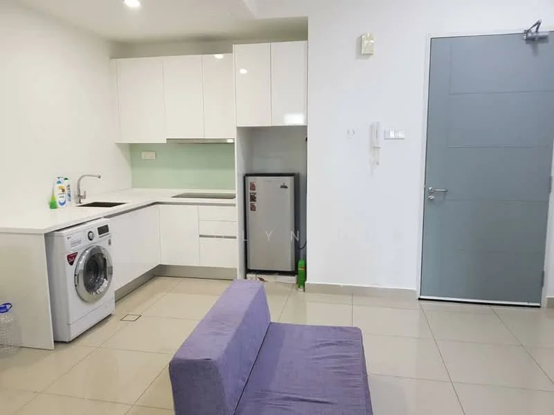 Kitchen features: white cabinetry, stainless-steel sink, chrome pull-down faucet, built-in oven, freestanding fridge, washing machine, grey countertop, tile backsplash, ceramic tile flooring, recessed downlights; style: modern. Living features: purple fabric sofa, wall-mounted TV, tile flooring; style: modern.