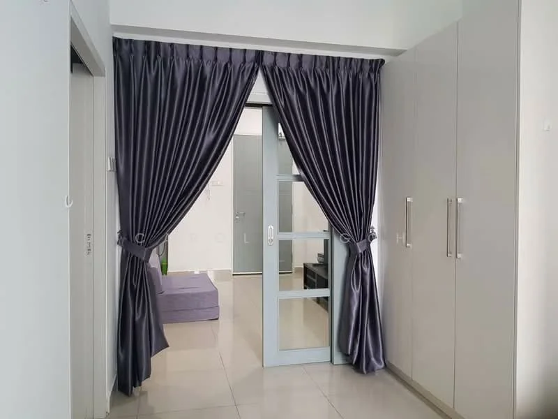 Room features: grey curtains, sliding glass door, built-in cabinets with handles, light-colored tiled flooring, neutral wall color, open space, minimalist decor; style: modern.