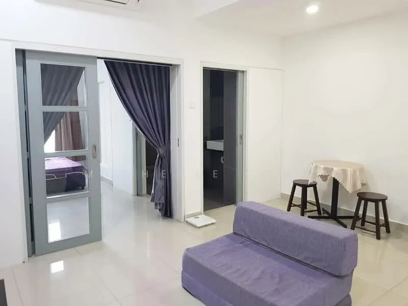 Living features: grey fabric sofa, white walls, tile flooring, recessed downlights, curtains, small round dining table, two wooden stools, open layout; style: modern. Room features: doorway leading to another room, doorway leading to bathroom, grey curtains.