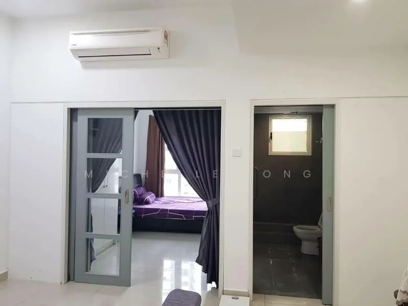 Room features: white painted walls, sliding glass door, floor-to-ceiling window, curtains, air conditioning unit, tile flooring; style: modern.