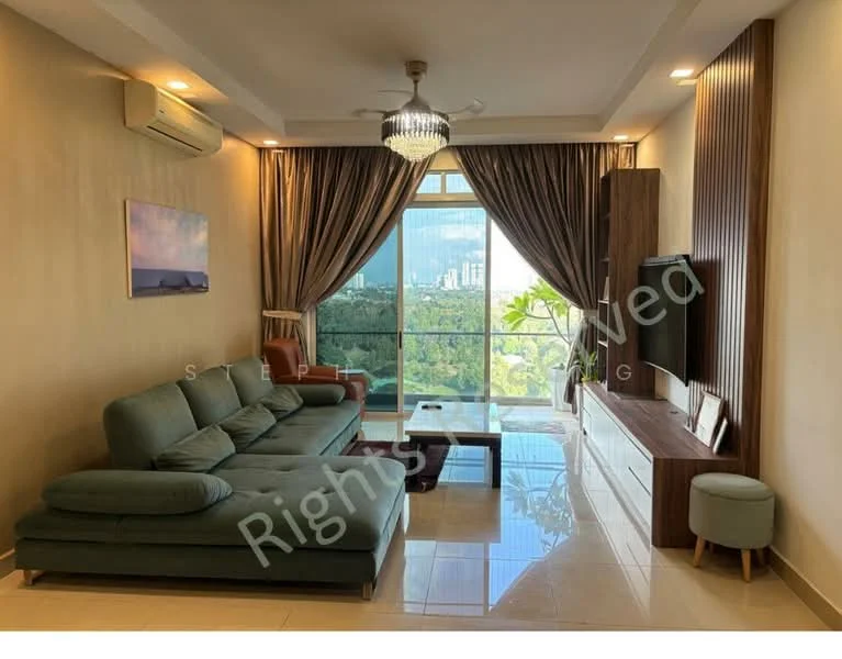 Living features: L-shape sectional sofa in teal, coffee table, wall-mounted TV, TV console in wood, floor-to-ceiling windows, curtains in brown, chandelier, recessed downlights, marble tile flooring, air conditioning unit, decorative wall paneling, houseplants in ceramic pots, view of greenery and city skyline; style: modern; view: city.