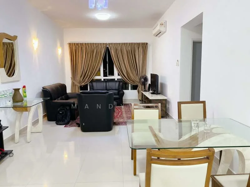 Living features: black leather sofa, white coffee table, area rug with geometric pattern, floor-to-ceiling window, curtains in beige, wall-mounted TV, air conditioning unit, decorative wall mirror, recessed ceiling light, white painted walls, polished tile flooring; style: modern. Dining features: glass dining table, wooden dining chairs, decorative centerpiece, white painted walls, polished tile flooring; style: modern.
