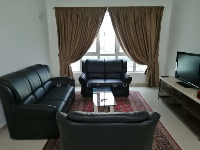 Living features: 3-seater leather sofa in black, 2-seater leather sofa in black, coffee table with glass top, area rug with geometric pattern, TV console, wall-mounted TV, floor-to-ceiling windows, curtains in beige, light-colored walls, neutral-colored flooring; style: modern; view: city.
